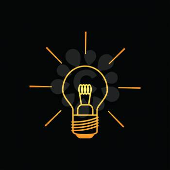 Light bulb icon shining brightly in yellow orange colors on a black background. Minimalistic design.