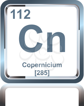 Symbol of chemical element copernicium as seen on the Periodic Table of the Elements, including atomic number and atomic weight.