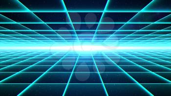 Horizontal cyan grid tunnel with light at the end.