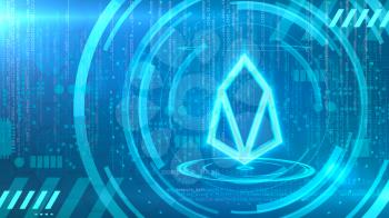 EOS symbol on a cyan background with HUD elements related to computer technology.