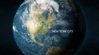 3D illustration depicting the location of New York City, New York in the United States of America, on a globe seen from space.