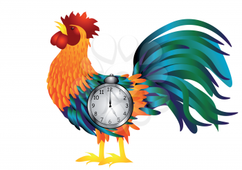 Cock with alarm clock isolated on white
