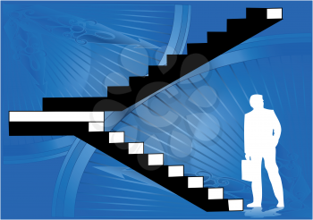 silhouette of a businessman near the stairs against clock