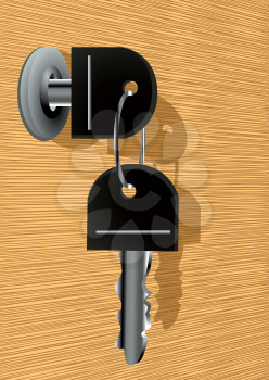 key in the lock on wooden background