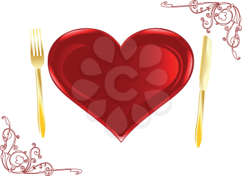 plate in the form of a heart with a knife and fork
