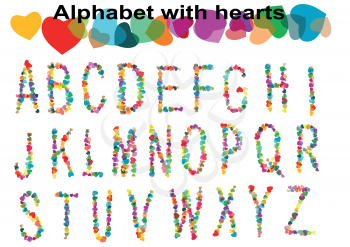 Alphabet with hearts isolated on white background