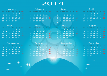 Calendar 2014 start Monday on a blue background