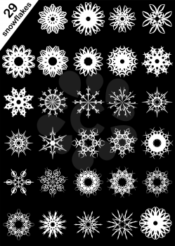 set of 29 snowflakes isolated on a black background