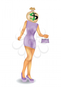Royalty Free Clipart Image of a Woman With a Money Bag on Her Head
