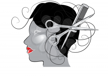 salon. woman's head with comb and scissors. 10 EPS