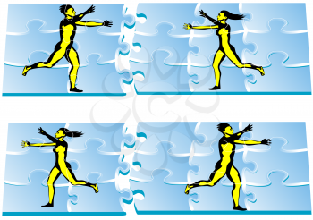 Royalty Free Clipart Image of a Puzzle With a Man and a Woman Moving Towards and Away
