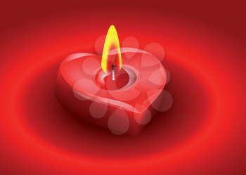 Candle in the form of heart on red background