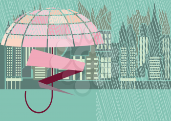 rain storm street and pink umbrella in flat color