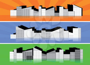 three banners with silhouettes of cities on white background