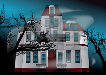 haunted house whith fog and dark trees