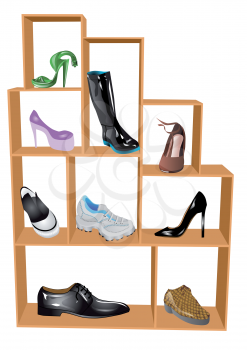 shoe store. wooden shelf with various shoes 