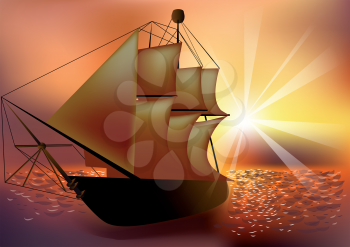 sunset and ship. Sailing ship at multicolored sky