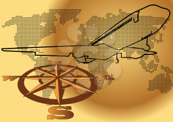 wind rose and plane agains abstract world map