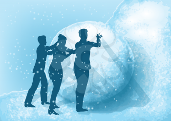 business people and snow. 4 people roll a snowball