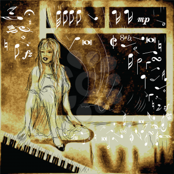 piano and woman. abstract musical background. vintage