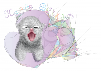 cat and heart. kitten and inscription happy birthday on multicolor background