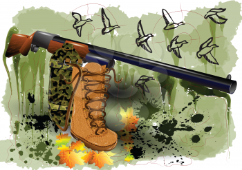 abstract hunting. hunter boot and shotgun on abstract backgroung