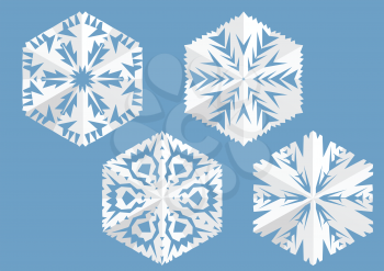 paper snowflake. set of four white snowflake on blue background