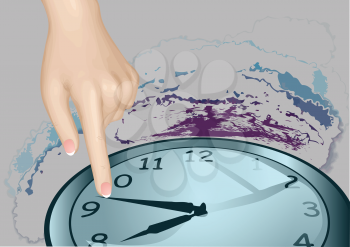 stopped time. hand with clock on abstract grunge background