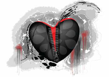 black and red heart con zipper on abstract grunge background