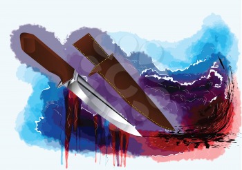 hunting knife on abstract multicolor grunge background