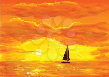 sailing boat again a red sunning sky