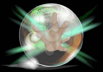 crystal ball with hand on dark background