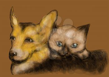 funny animals. cat and dog on brown background