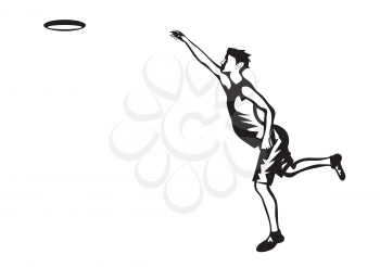 frisbee, silhouette of man and disk on white background