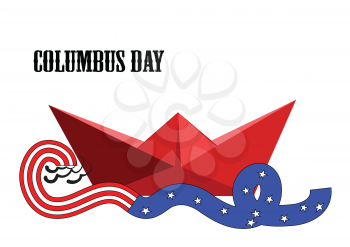 Columbus Day. paper ship and ribbon with American flag