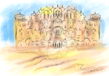 Rajasthan, abstract illustration of city on multicolor background