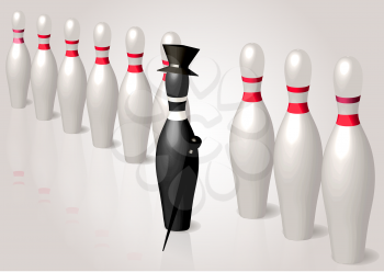 different. black bowling pin with hat and stick leader 
