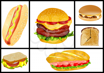 sandwiches and hamburgers set isolated on white background