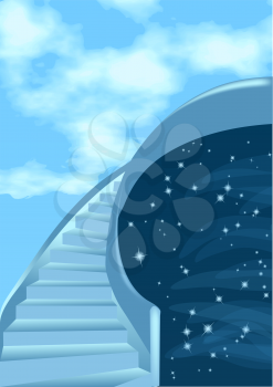 Stairway to the sky. Abstract background with clouds and stars