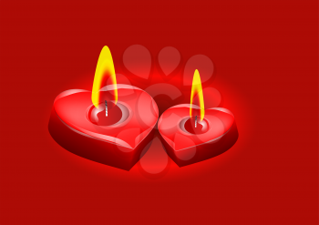 two candle in the form of heart on red background