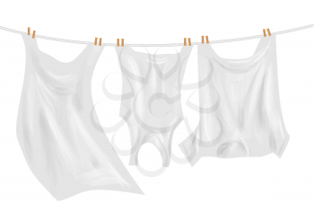 underclothes on rope on white background