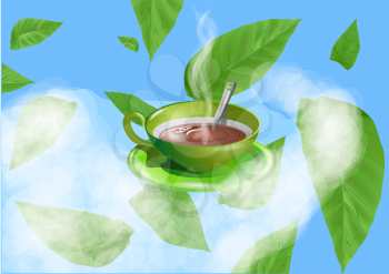 green cup with tea of coffee on cloud