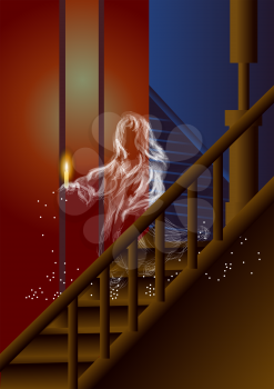 ghost of girl with candle descends the stairs