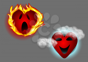 two hearts. heart in flame and heart in cloud