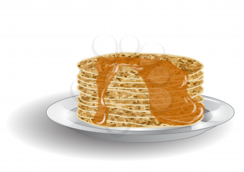 stack of pancakes and syrup isolated on white