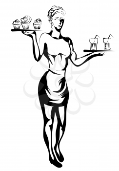 waitress silhouette with trays isolated on a white background