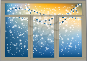 winter window. frosted window with christmas light