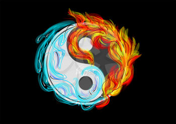 Yin and Yang symbol with water and fire