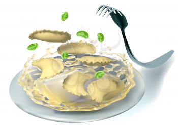 ravioli and fork isolated on white background