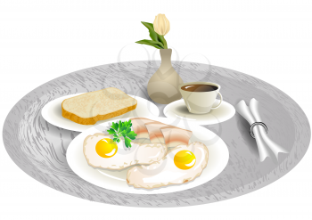 breakfast tray with tulip, eggs and bacon